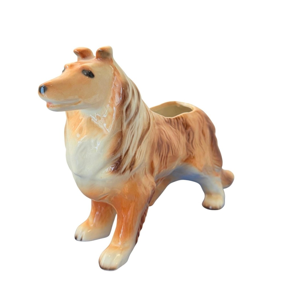 Vintage Collie Dog Ceramic Planter Large Lassie Style Tan White Glazed Figurine - Picture 3 of 11